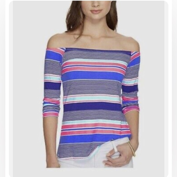 Lilly Pulitzer Tops - Lilly Pulitzer Audelia off shoulder top  Kaleidoscope Jungle Stripe size L